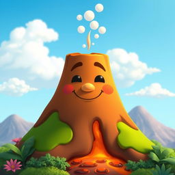 A cartoon-style animated volcano with a face, its mouth closed and teeth not visible