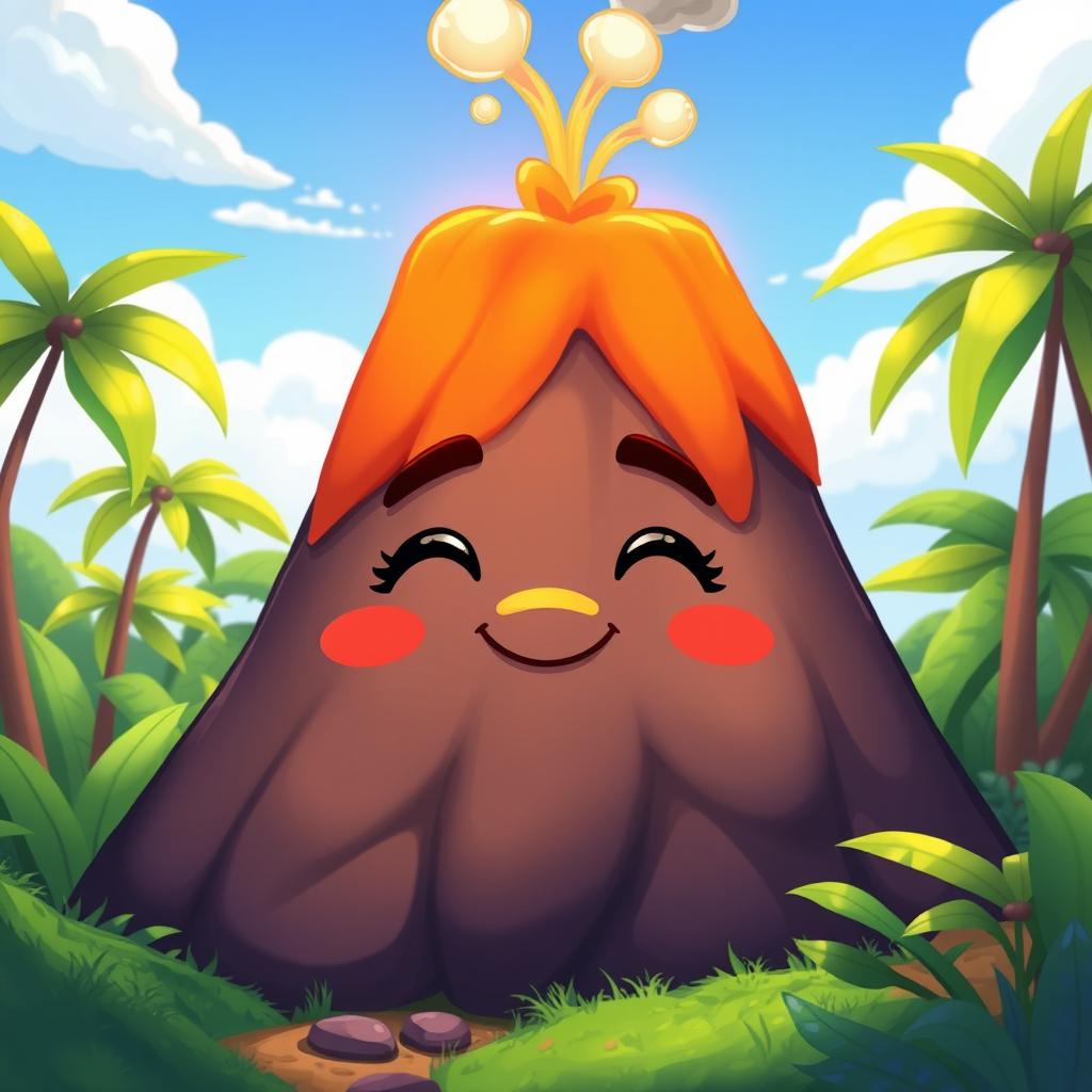 A cartoon-style animated volcano with a face, its mouth closed and teeth not visible