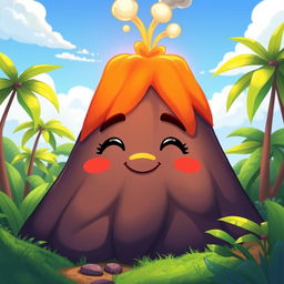 A cartoon-style animated volcano with a face, its mouth closed and teeth not visible