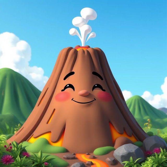 A cartoon-style animated volcano with a face, its mouth closed and teeth not visible