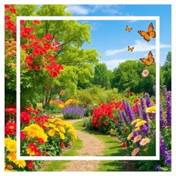 Create an image of a beautiful garden scene featuring vibrant flowers blooming in various colors, such as red, yellow, and purple