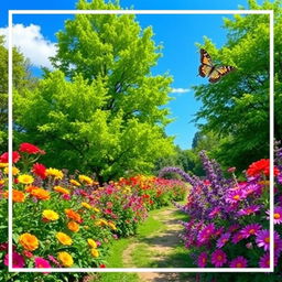 Create an image of a beautiful garden scene featuring vibrant flowers blooming in various colors, such as red, yellow, and purple