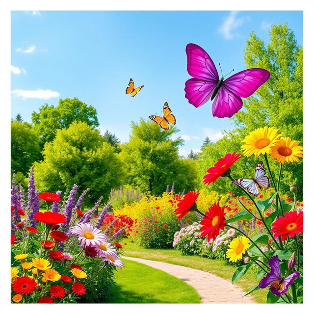 Create an image of a beautiful garden scene featuring vibrant flowers blooming in various colors, such as red, yellow, and purple