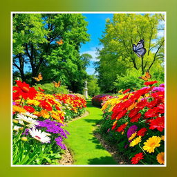 Create an image of a beautiful garden scene featuring vibrant flowers blooming in various colors, such as red, yellow, and purple