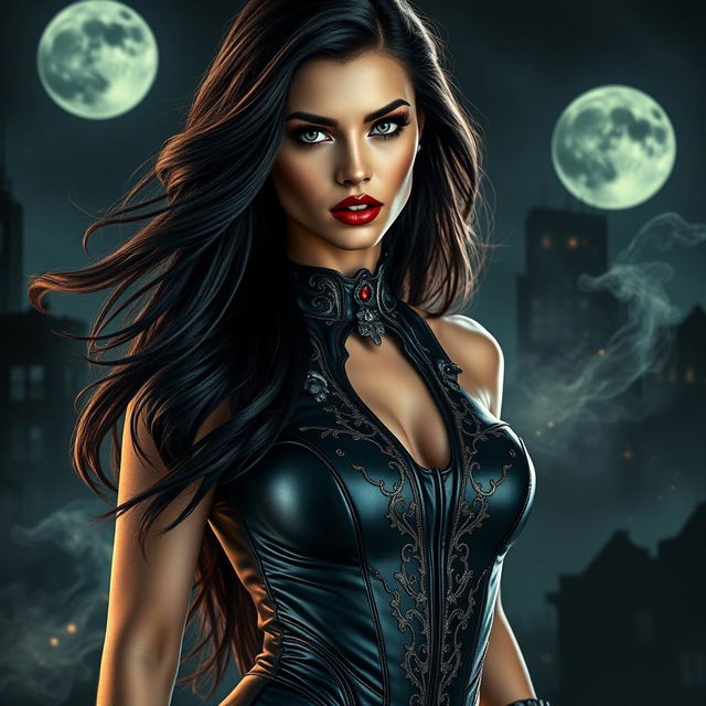 A dramatic and captivating portrait of a stunning female villain, showcasing her fierce and commanding presence