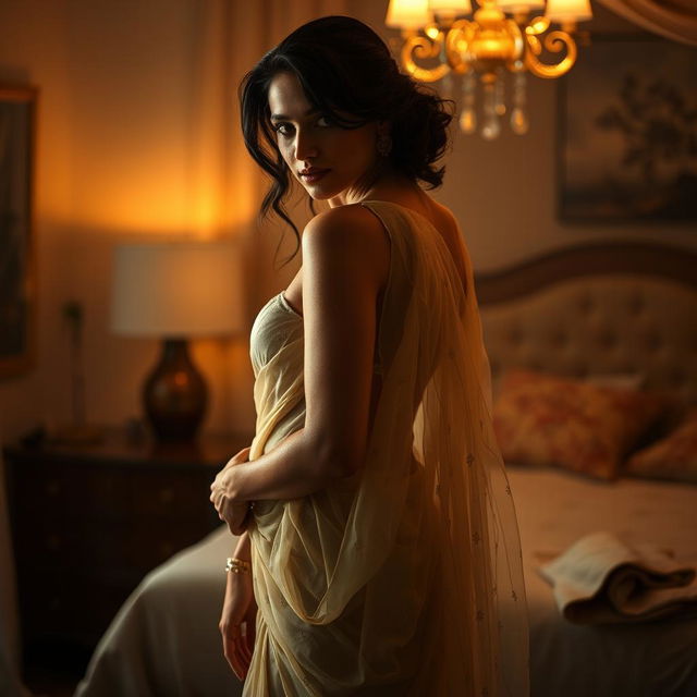 A sultry scene depicting a hot single mom in a beautifully draped, transparent saree, set in a softly lit bedroom