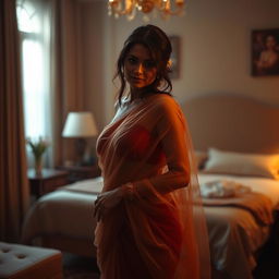 A sultry scene depicting a hot single mom in a beautifully draped, transparent saree, set in a softly lit bedroom