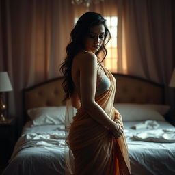 A sultry scene depicting a hot single mom in a beautifully draped, transparent saree, set in a softly lit bedroom