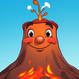 A cartoonish volcano with a face, its mouth closed and not showing any teeth