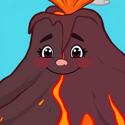 A cartoonish volcano with a face, its mouth closed and not showing any teeth