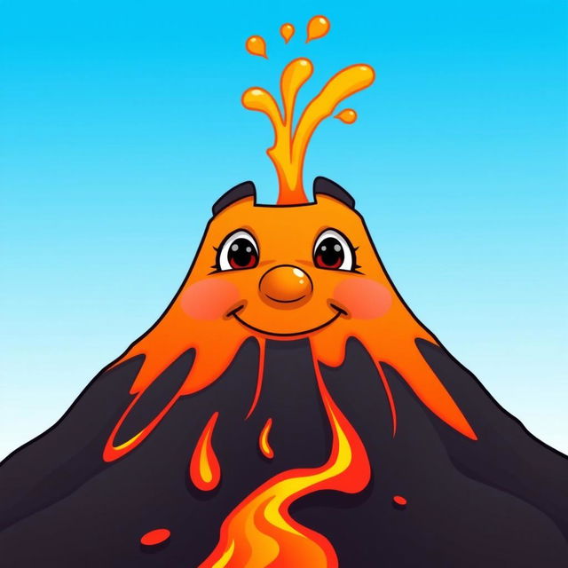 A cartoonish volcano with a face, its mouth closed and not showing any teeth