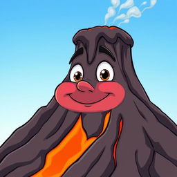 A cartoonish volcano with a face, its mouth closed and not showing any teeth