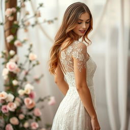 A beautiful woman wearing a delicate lace dress, showcasing intricate patterns of lace with flowers and elegant details