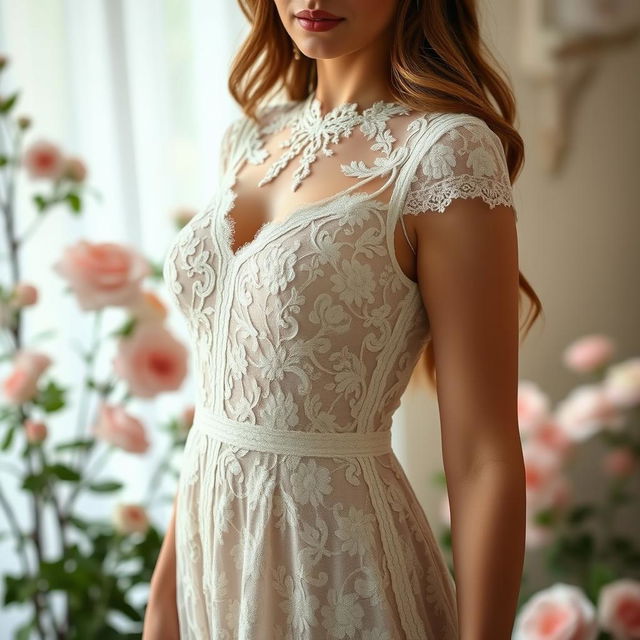 A beautiful woman wearing a delicate lace dress, showcasing intricate patterns of lace with flowers and elegant details