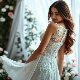 A beautiful woman wearing a delicate lace dress, showcasing intricate patterns of lace with flowers and elegant details