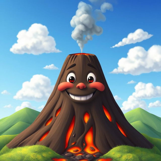 An animated volcano with a face, featuring closed lips and visible teeth