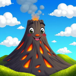 An animated volcano with a face, featuring closed lips and visible teeth