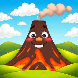 An animated volcano with a face, featuring closed lips and visible teeth