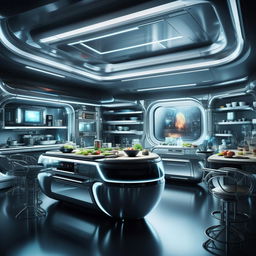 A highly advanced futuristic kitchen with sci-fi elements such as holographic appliances, sleek metallic surfaces, and innovative technology.