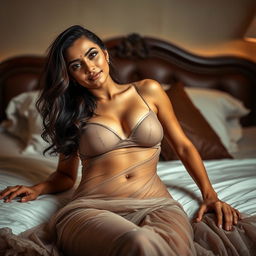 A stunning hot divorcee wife, exuding confidence and sensuality, laying on a luxurious bed dressed in a tight, see-through saree that highlights her curves while tastefully covering her navel