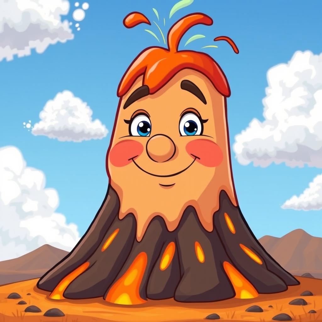 A cartoonish volcano with a human-like face, featuring a closed mouth without visible teeth, and a subtle smile