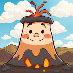 A cartoonish volcano with a human-like face, featuring a closed mouth without visible teeth, and a subtle smile