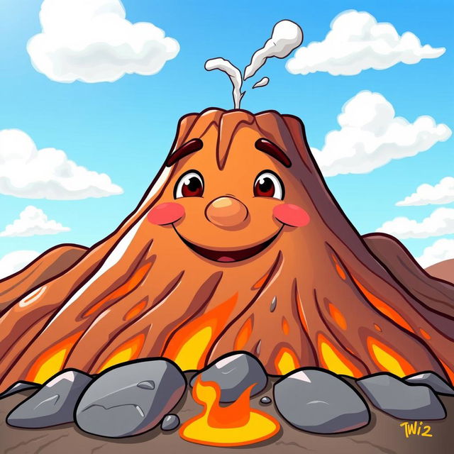 A cartoonish volcano with a human-like face, featuring a closed mouth without visible teeth, and a subtle smile