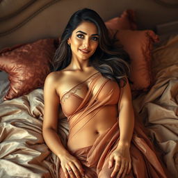 A captivating hot divorcee wife, radiating confidence and sensuality, laying down on a plush bed adorned with luxurious fabrics