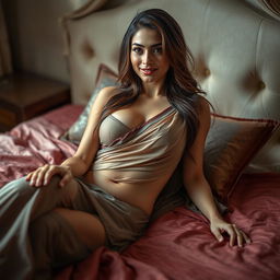 A captivating hot divorcee wife, radiating confidence and sensuality, laying down on a plush bed adorned with luxurious fabrics