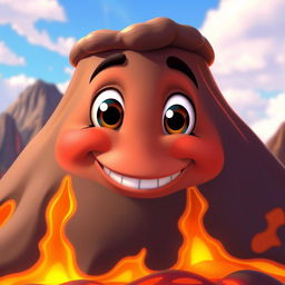 An animated volcano character with a face