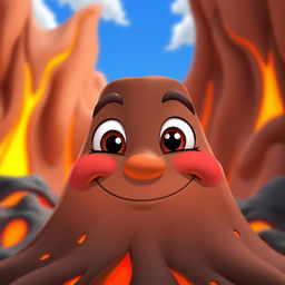 An animated volcano character with a face