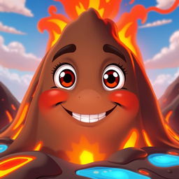 An animated volcano character with a face