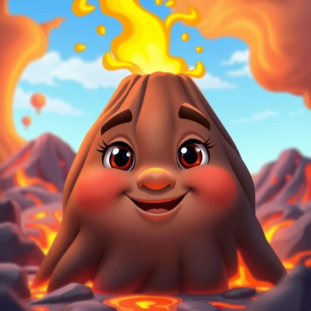 An animated volcano character with a face