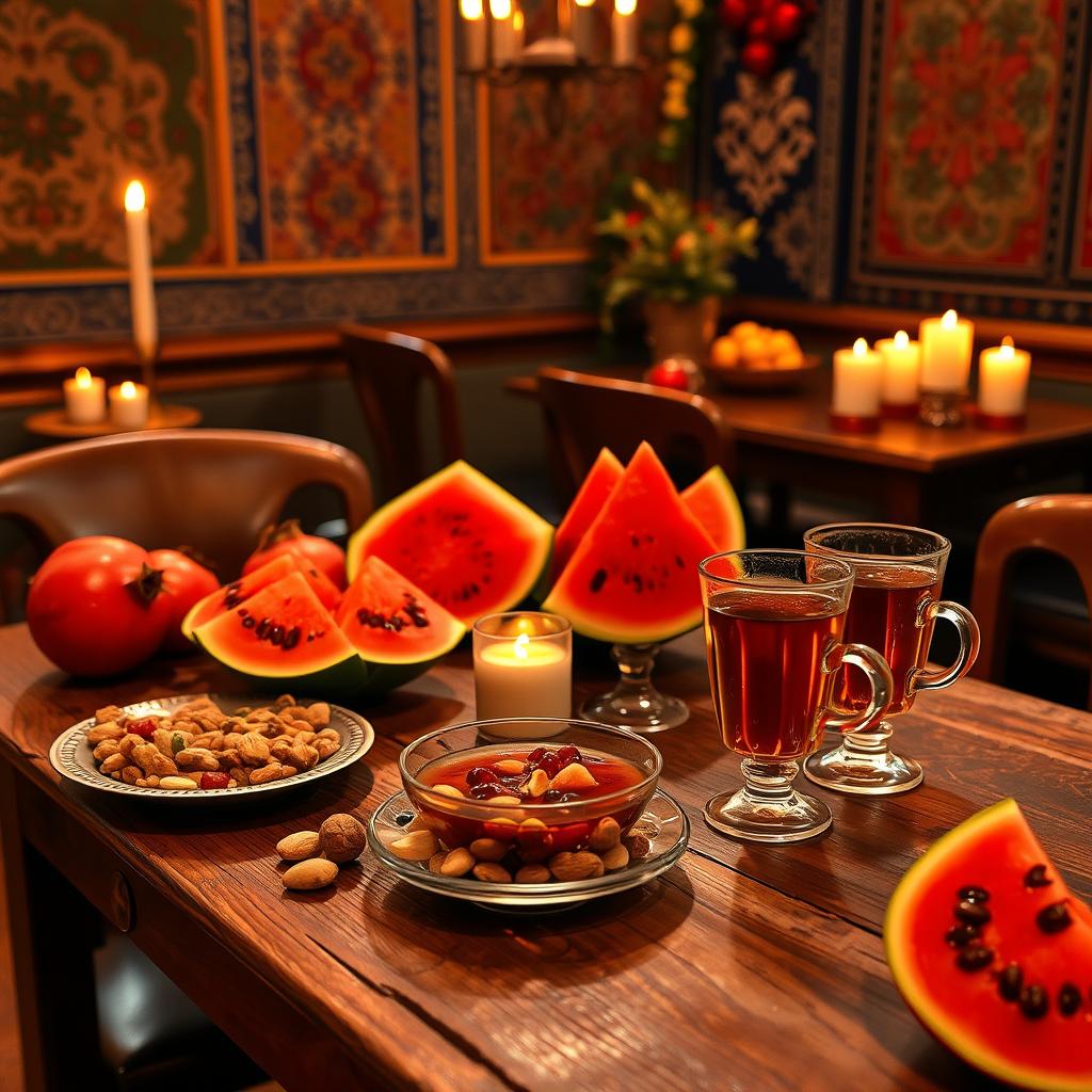 A warm and inviting café scene on Yalda Night, featuring a rustic wooden table adorned with ripe pomegranates, slices of juicy watermelon, assorted nuts, and traditional Iranian tea elegantly served in delicate glasses