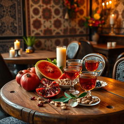 A warm and inviting café scene on Yalda Night, featuring a rustic wooden table adorned with ripe pomegranates, slices of juicy watermelon, assorted nuts, and traditional Iranian tea elegantly served in delicate glasses