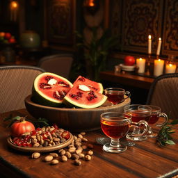 A warm and inviting café scene on Yalda Night, featuring a rustic wooden table adorned with ripe pomegranates, slices of juicy watermelon, assorted nuts, and traditional Iranian tea elegantly served in delicate glasses