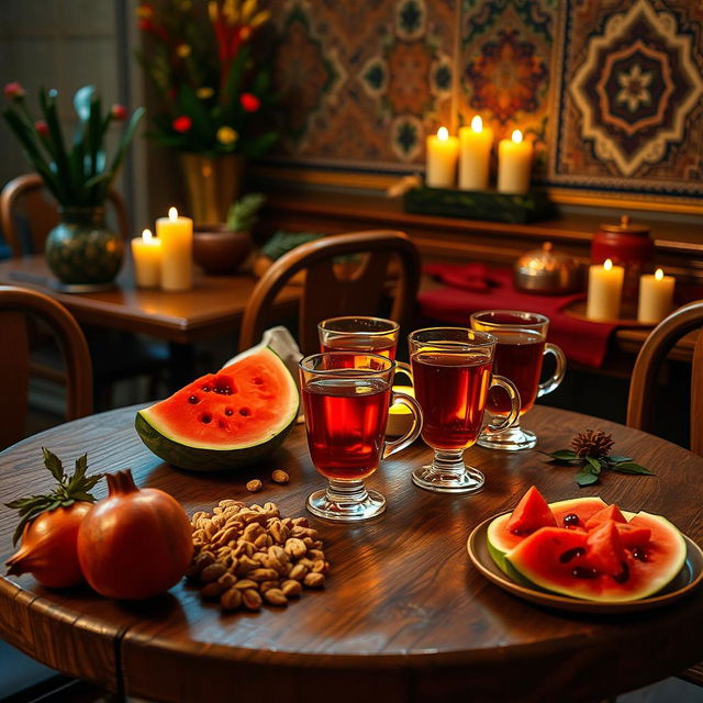 A warm and inviting café scene on Yalda Night, featuring a rustic wooden table adorned with ripe pomegranates, slices of juicy watermelon, assorted nuts, and traditional Iranian tea elegantly served in delicate glasses