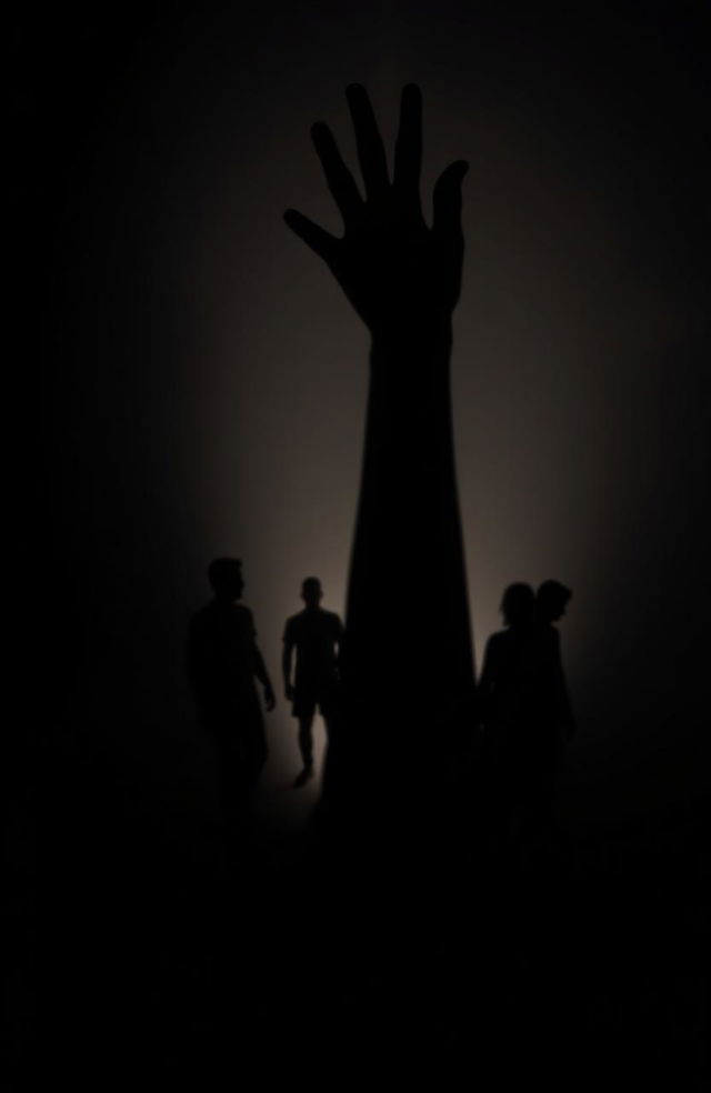 Four human silhouettes emerging from a single shadowy hand reaching upwards, creating a dramatic and mysterious effect