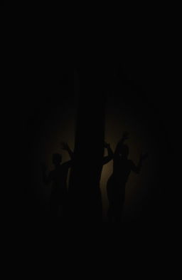 Four human silhouettes emerging from a single shadowy hand reaching upwards, creating a dramatic and mysterious effect