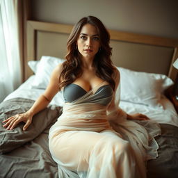 A beautiful hot divorcee wife, radiating elegance and sensuality, laying gracefully on an inviting bed