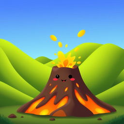 An animated volcano with a cute, friendly face, featuring a closed mouth with no visible teeth, and a small smile on its lips