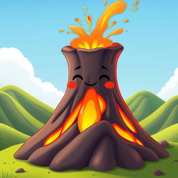 An animated volcano with a cute, friendly face, featuring a closed mouth with no visible teeth, and a small smile on its lips