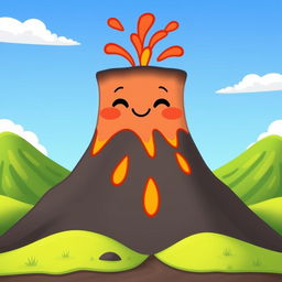 An animated volcano with a cute, friendly face, featuring a closed mouth with no visible teeth, and a small smile on its lips