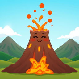 An animated volcano with a cute, friendly face, featuring a closed mouth with no visible teeth, and a small smile on its lips