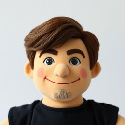 A puppet character with a friendly and charming expression reminiscent of Henry Cavill, featuring a slight smile and sparkling eyes that convey warmth and approachability