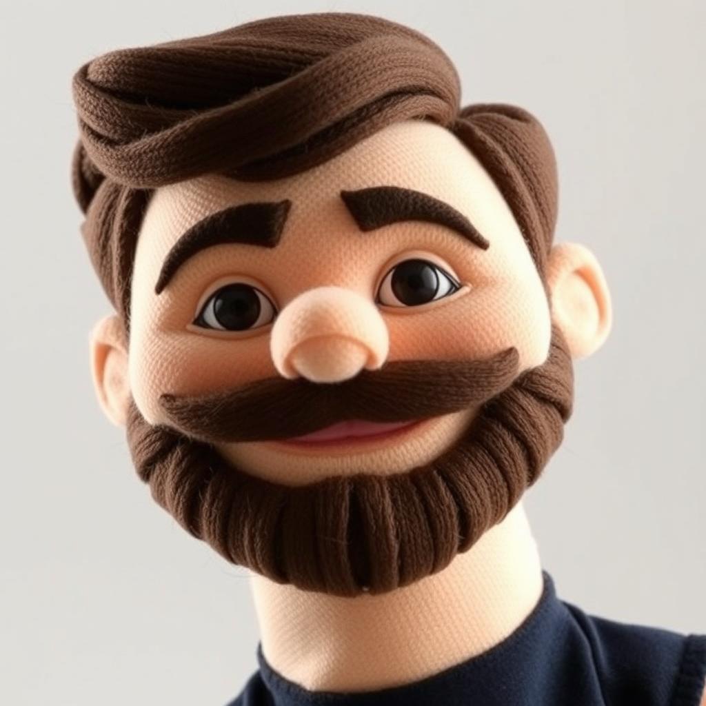 A puppet character with a friendly and charming expression reminiscent of Henry Cavill, featuring a slight smile and sparkling eyes that convey warmth and approachability