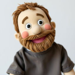 A natural and friendly puppet character with a warm smile and expressive, bright eyes that convey joy and connection with the viewer