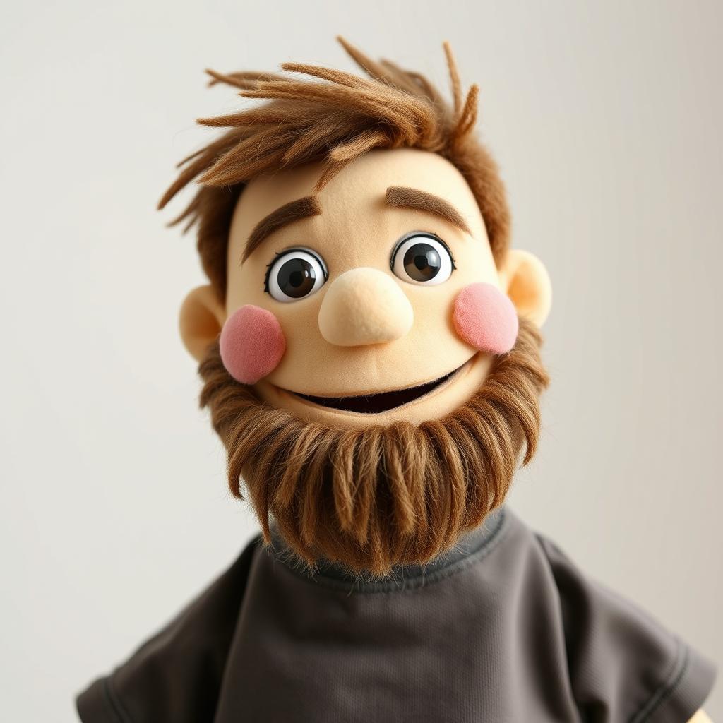 A natural and friendly puppet character with a warm smile and expressive, bright eyes that convey joy and connection with the viewer