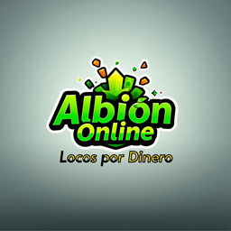 A vibrant and modern logo design for 'Albión Online', featuring the phrase 'Locos por Dinero'