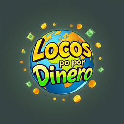 A vibrant and creative logo designed to represent a medium-sized globe with the words 'Locos por Dinero' artistically integrated into the design